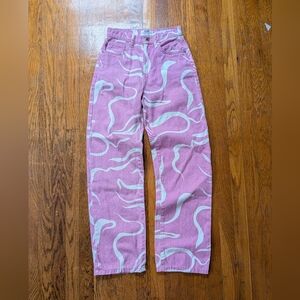 Cotton On Loose Straight Jeans Womens 6 Pink White Y2K Printed Dopamine Funky